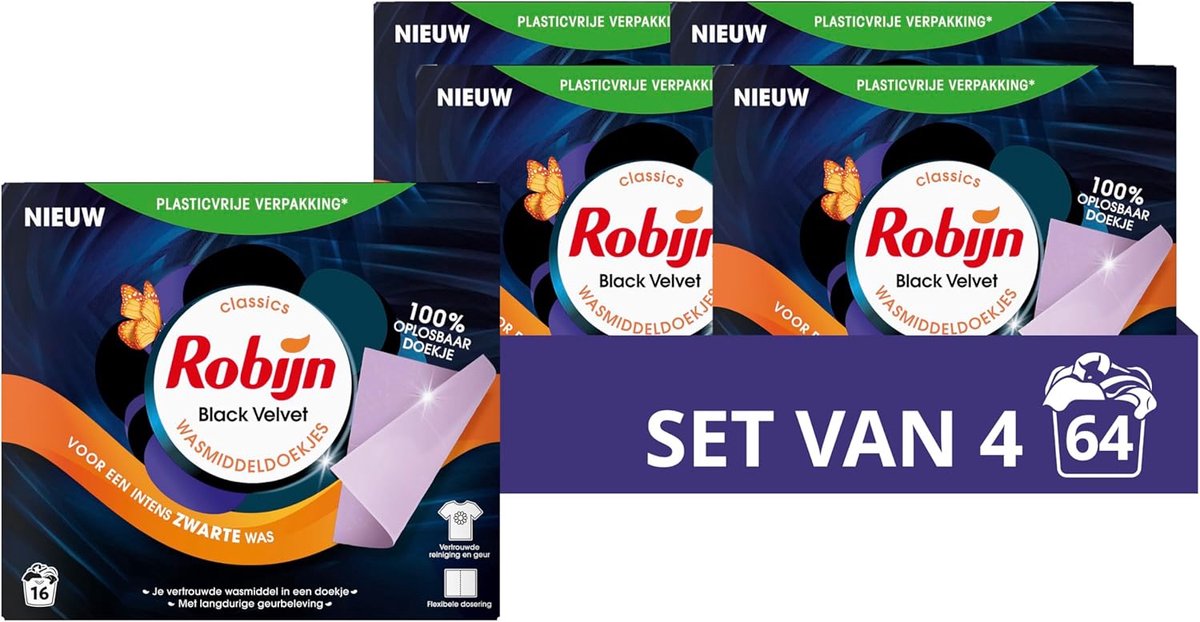 SnelShoppen - Wasverzachterdoekjes voor Zwart en Donker Wasgoed - 4 x 16 Stuks - Duurzaam en Handig - Ideaal voor Kleding, Feest, en Dagelijks Gebruik