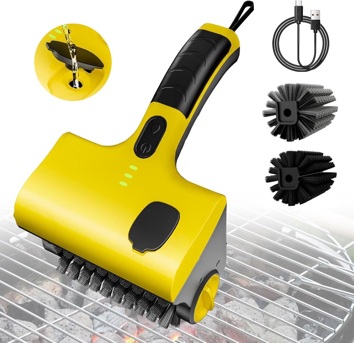 SnelShoppen - Draadloze Elektrische Grillborstel met Water Spray, 2600mAh Accu, 2x 360° Draaikop, Grill Reinigingsborstel voor Barbecue, Tuin en Keuke