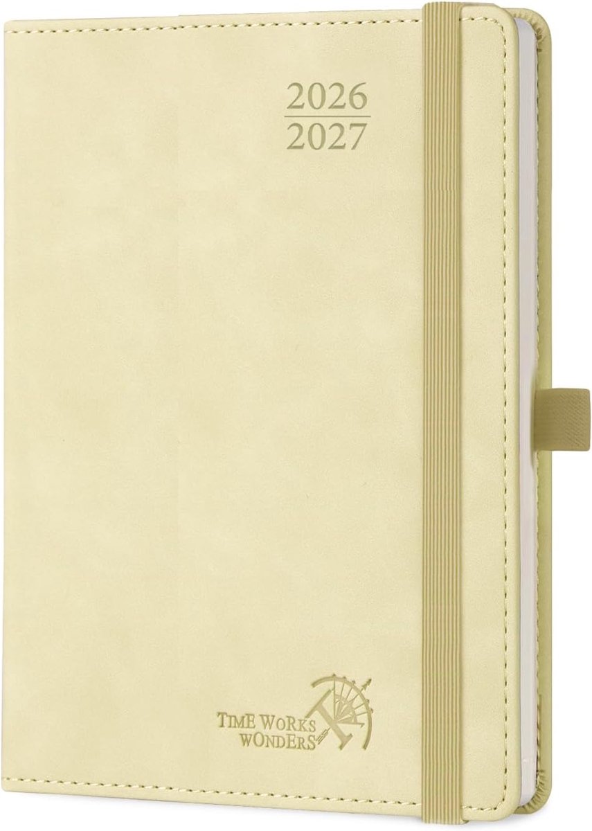 SnelShoppen - Agenda 2026 2027 Weekly Planner en Notitieboek 22x16.5 cm - Zacht PU Leer Beige - Maandtabs - 80 g/m² Papier - Inclusief Zelfklevende Pe