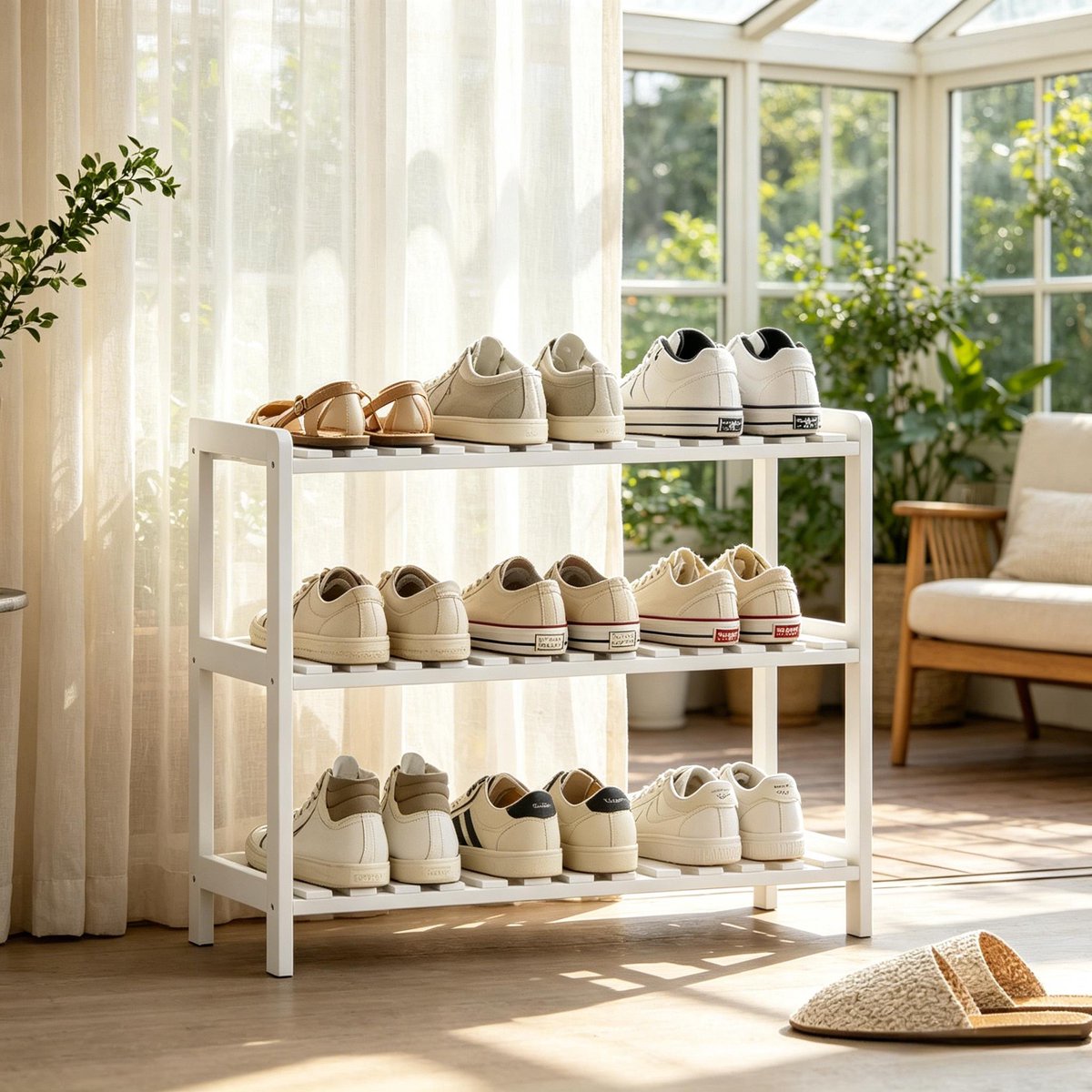 Schoenenkast Opbergrek – 70 x 26 x 57,5 cm – 3-Laags Staand Rek – MDF En Hout – Wit – Open Schoenenopslag Voor Hal En Woonruimte