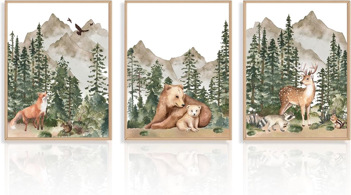SnelShoppen - 3Pcs Kinderkamer Wanddecoratie Dieren Poster Set, Waterverf Bosdieren Prints, Ongeveer 30x40cm, Unframed, Perfect voor Speelkamer