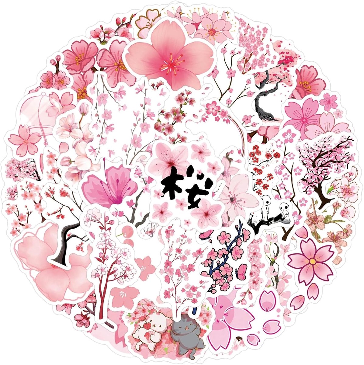 SnelShoppen - Pack van 50 Cherry Blossom Stickers - Graffiti Stickers voor Skateboard, Motor, Fiets, Snowboard, Laptop, Koffer en Auto - Waterdichte P