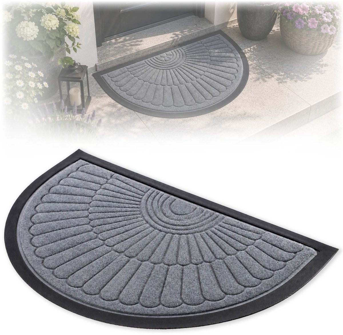KADAX Deurmat, Entreemat van robuust polyester met rubberen zijde, duurzame vuilvangmat in 6 verschillende patronen naar keuze, deurmat, halve cirkel 60 x 40 cm, grijs