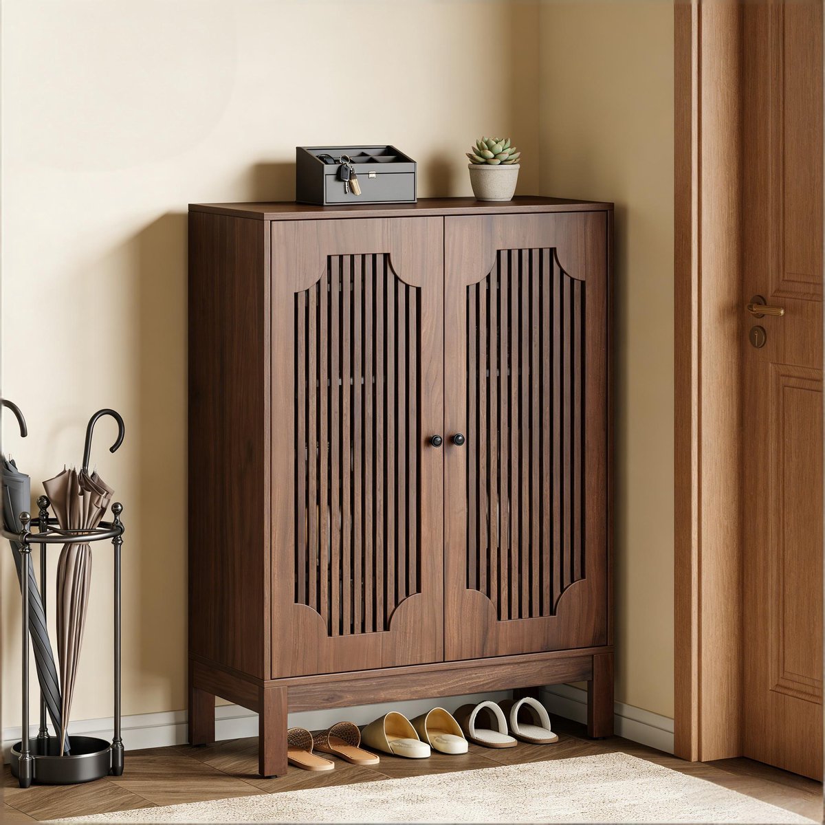 Wishdor - Schoenenkast - smal en hoog - 4 verstelbare planken en dubbele deuren - landelijk - voor hal en entree - houtlook - rustiek bruin - 80 x 35 x 110 cm