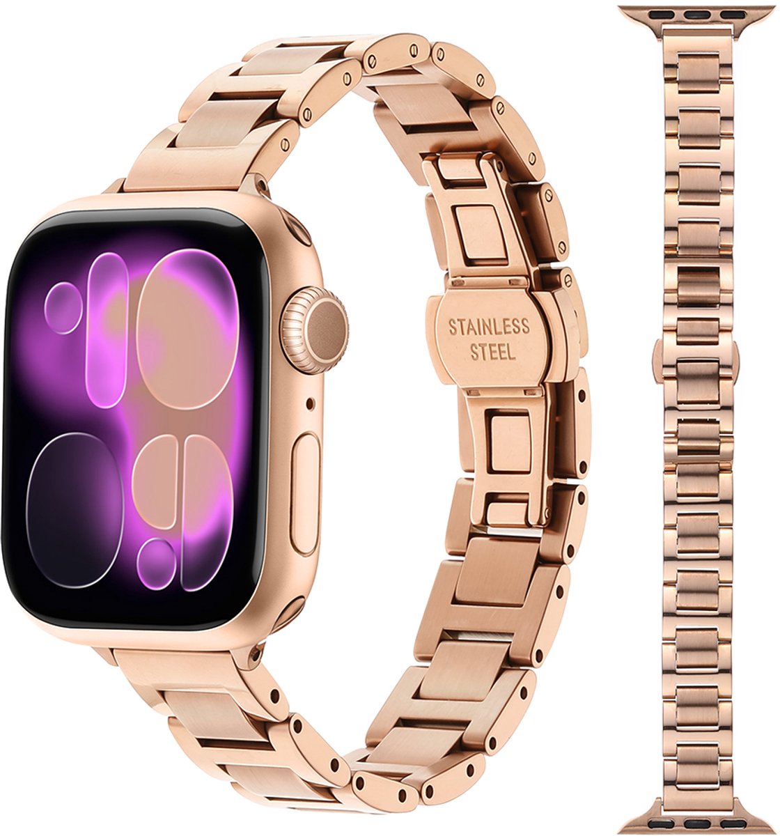 Stravo Slank RVS Horlogebandje – Elegant Dames Sieraadbandje met Vlindersluiting – Geschikt voor Apple Watch 42mm (Series 11/10), 41mm (Series 9/8/7), 40mm (Series 6/5/4, SE 3/2/1), 38mm (Series 3/2/1) – Roségoud