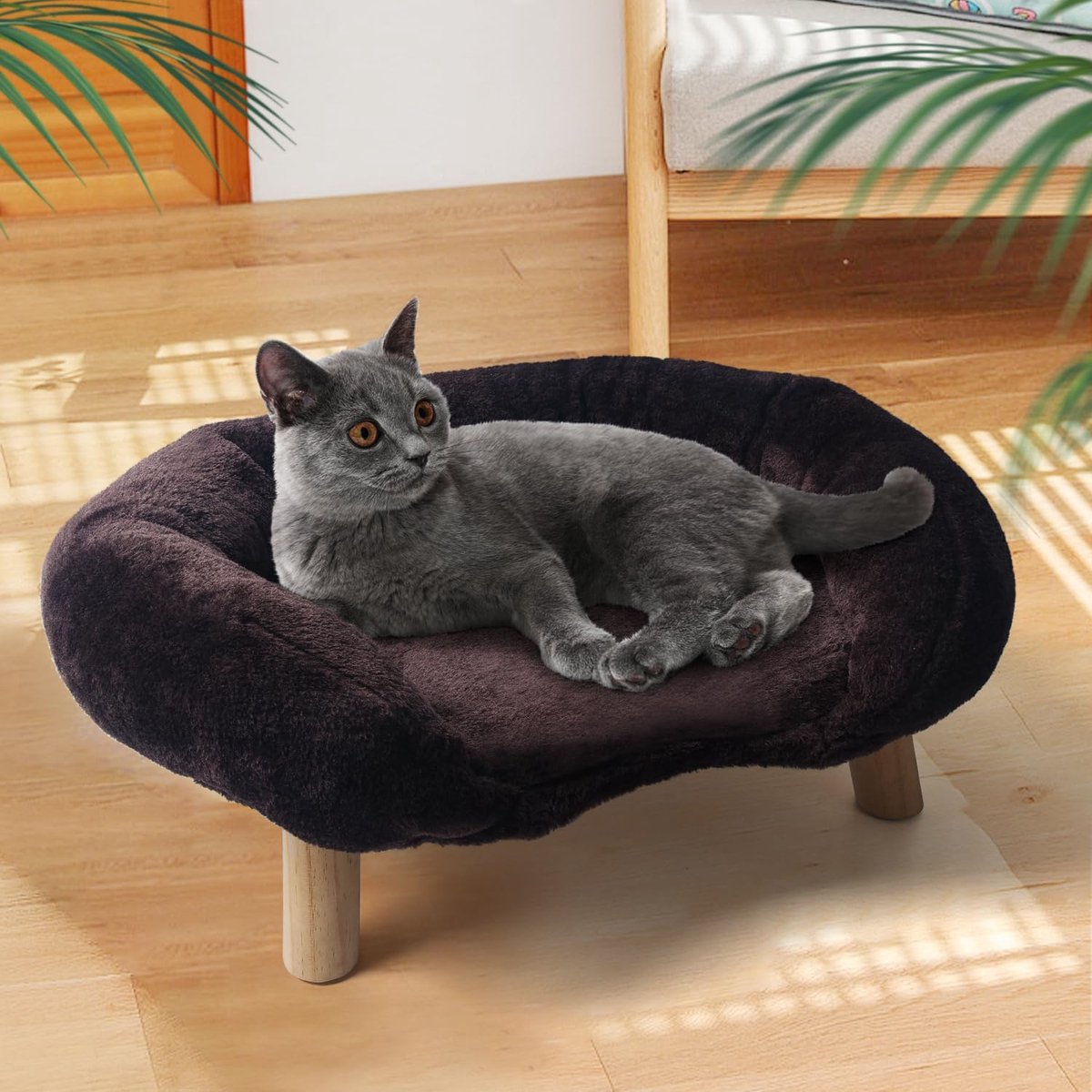 OKWISH Dierenbank – Ergonomische Ondersteuning – Antislip Kattenbank Met Verhoogde Rand – 50 x 40 x 24 cm – Polyester – Bruin