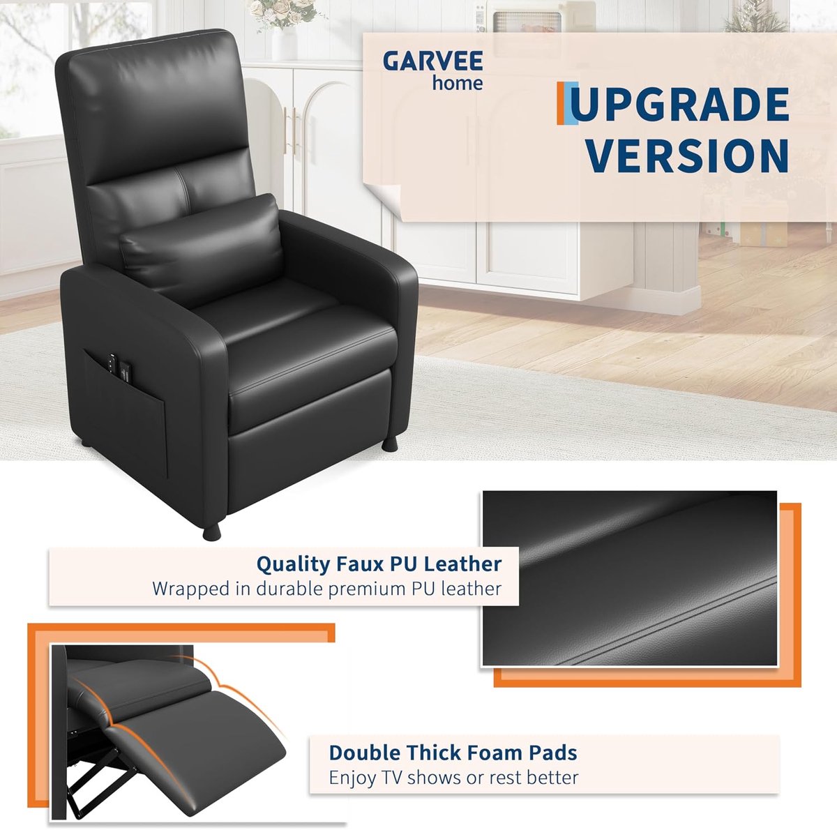 Elektrische Relaxstoel met Massage en Verwarming - Verstelbare TV-fauteuil (90°-150°) - PU-Leer - Geheugenfunctie - Zwart - Max. 136 kg – foto 5
