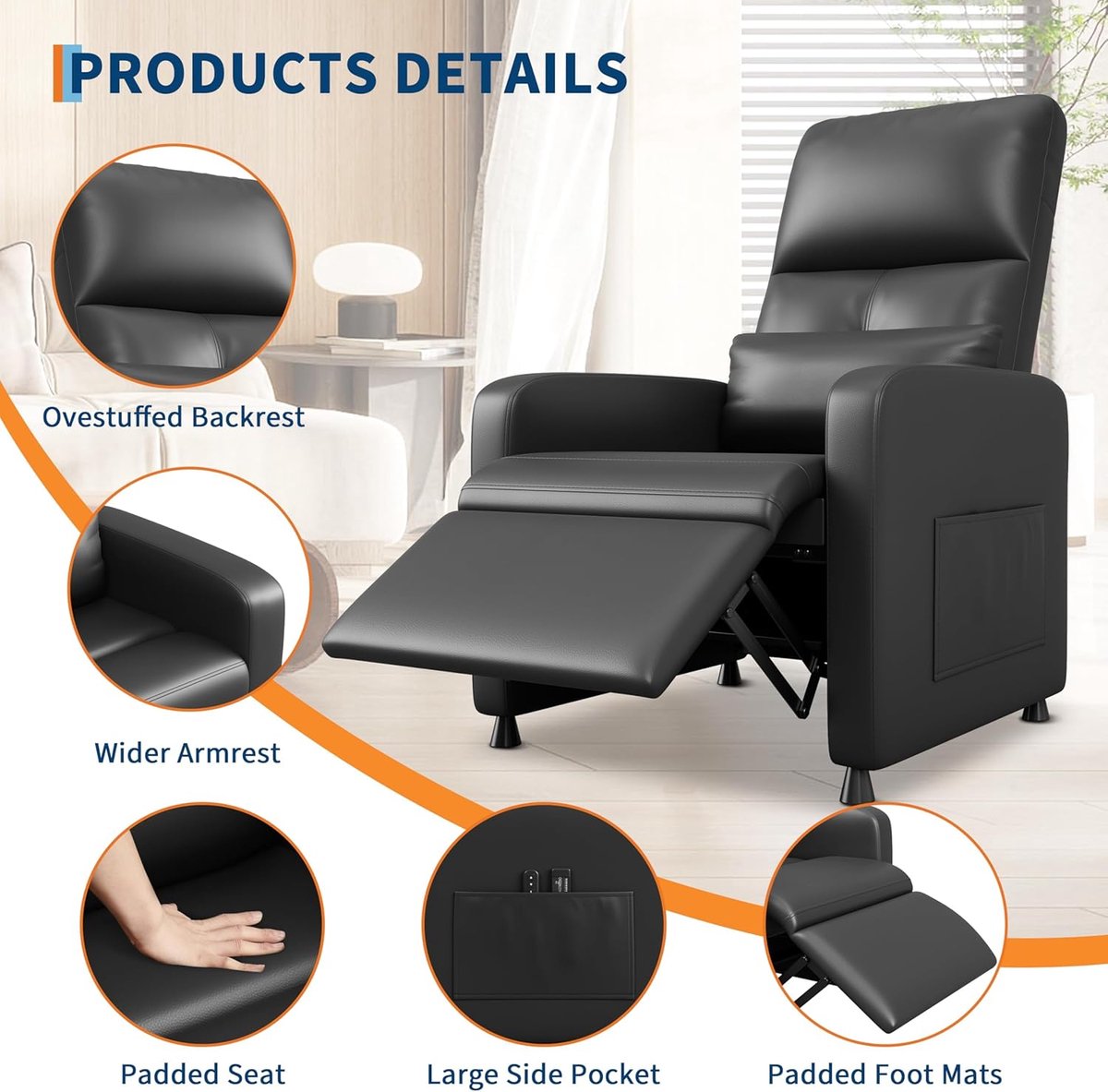 Elektrische Relaxstoel met Massage en Verwarming - Verstelbare TV-fauteuil (90°-150°) - PU-Leer - Geheugenfunctie - Zwart - Max. 136 kg – foto 6