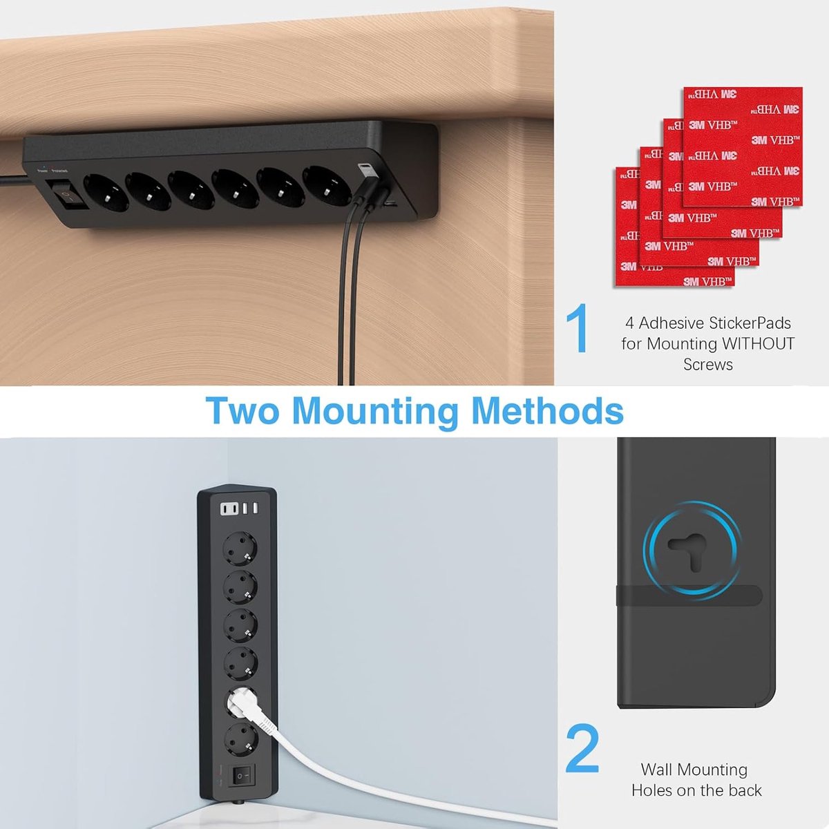 SnelShoppen - Hoekstopcontact met 4 USB-poorten (2x USB-C), 6 stopcontacten, schakelaar, overspanningsbeveiliging, vlamvertragend ABS, 2 meter kabel,