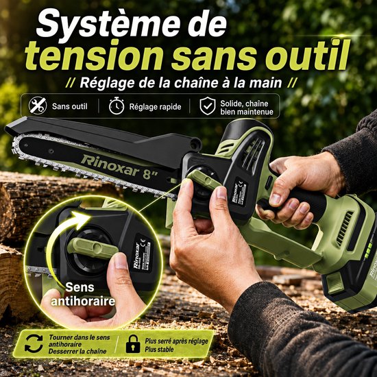Mini Accu-Kettingzaag 8 Inch, 1800W Borstelloze Motor handkettingzaag, 2×18V 5200mAh Accu’s, Automatische Kettingsmering, Gereedschapsloze Kettingspanning, 2 Kettingen en Opbergkoffer van MINI — afbeelding 3