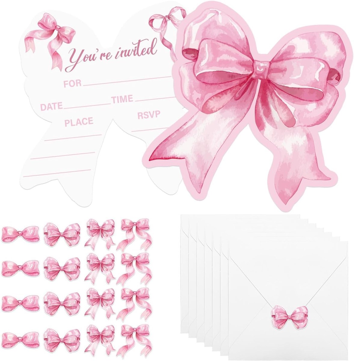 SnelShoppen - 20 Sets Roze Boog Uitnodigingskaarten met Stickers en Enveloppen voor Verjaardagsfeest, Baby Douches, Bruiloften en Vieringen - 150 x 15