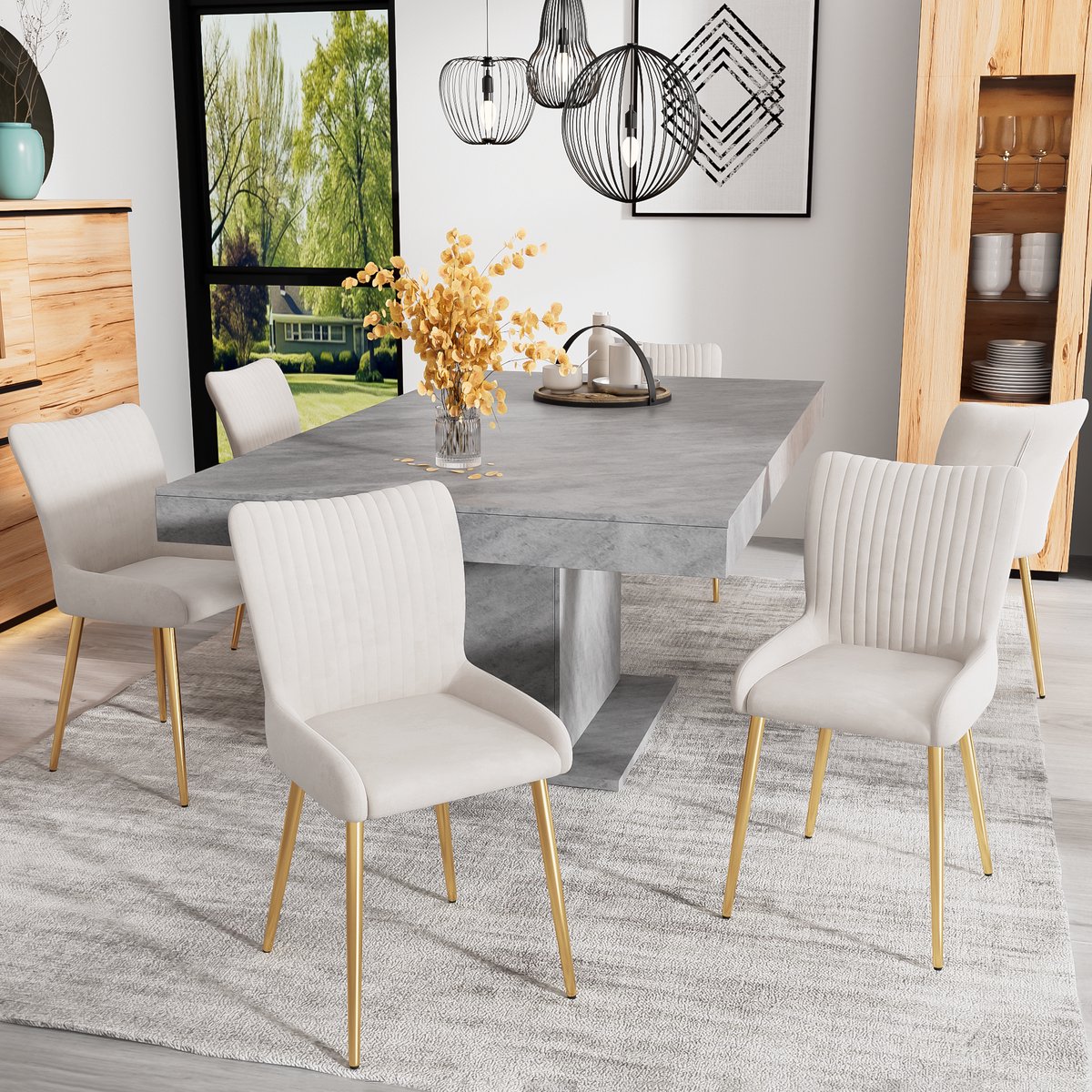 COVREO Eetkamerstoel 85 x 47 cm - set van 6, velvet, beige en goud, met armleuningen