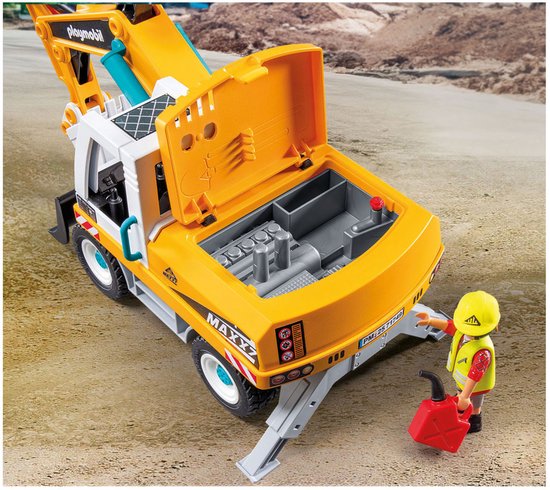 Gele en witte Playmobil graafmachine met geopende motorkap en een mannetje met jerrycan.