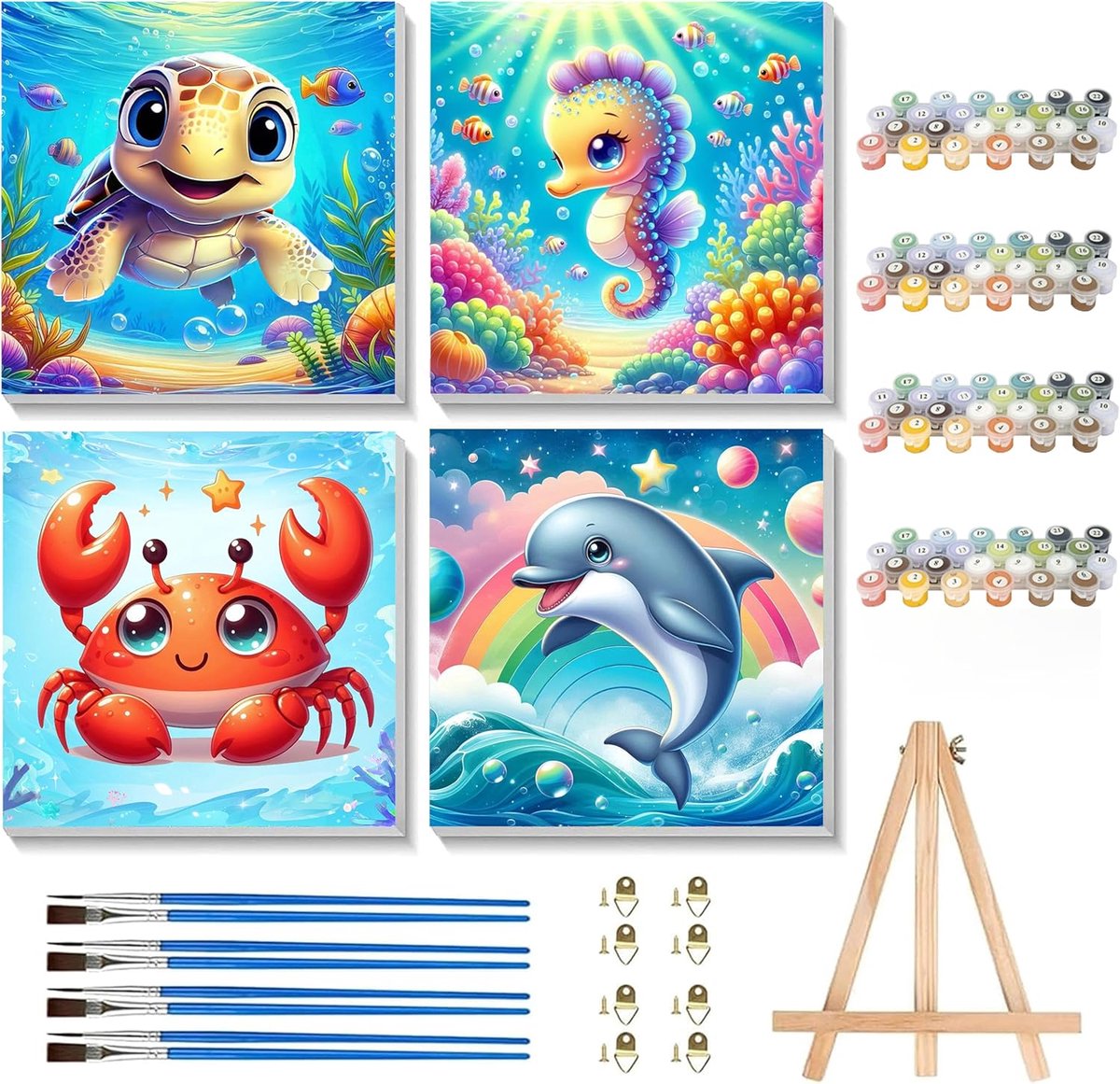 SnelShoppen - Set van 4 Schilderen op Nummer voor Kinderen met Lijst - Dieren Thema - Creatief Schilderen voor Kinderen vanaf 7, 8, 12 Jaar - Perfect