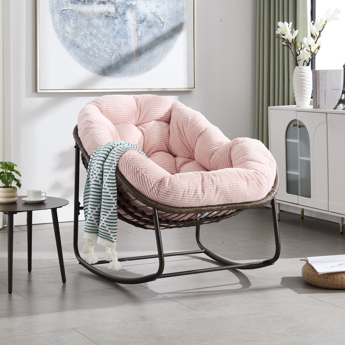 Intebiki fauteuil - schommelstoel tuin buiten - loungestoel - rotan tuinstoel - geschikt voor balkons, gangen, tuinen, achtertuinen en patio's - roze