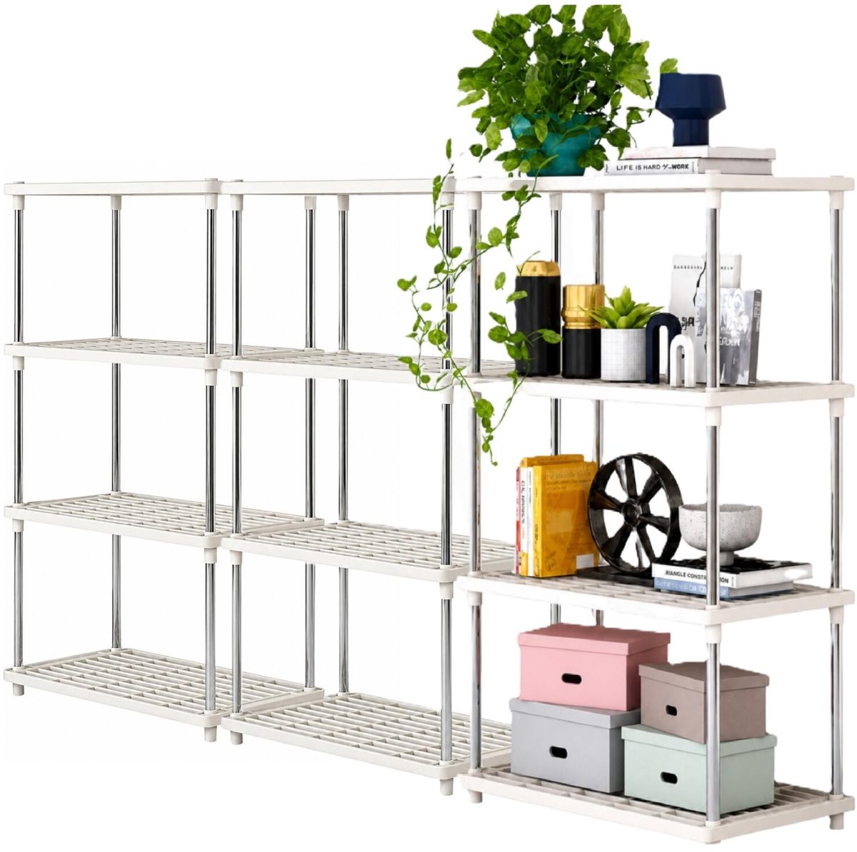 Concorde opbergrek schuur/zolder - 3x - kunststof - wit - 80 x 40 x 20 cm - met 4 planken - stellingkast voor berging