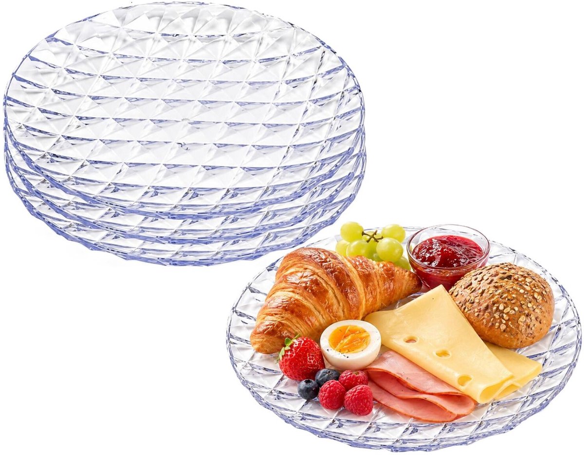 Plasticforte Onbreekbare Ontbijtborden Elite - 4x - kunststof - kristal stijl - transparant - Dia 22 cm - Camping - BBQ - Feestje