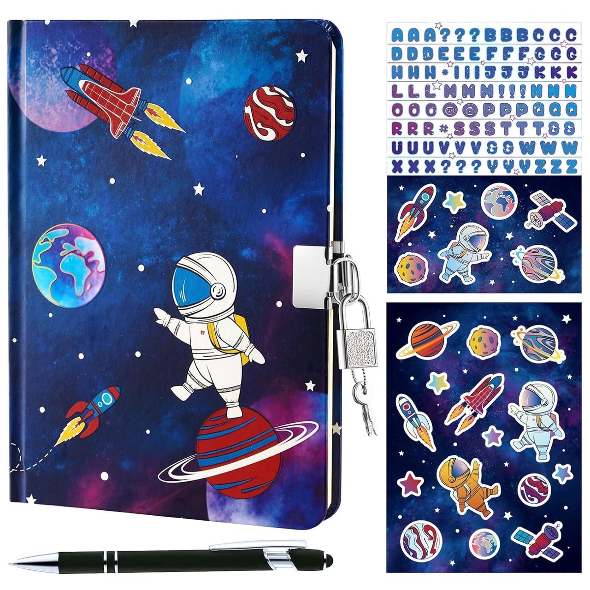 Thijox - WERNNSAI Dagboek Kinderen Set voor Jongens, Ruimte Oplichtend Dagboek met Slot en Sleutel, Notitieboek met Pen en Stickers voor Verjaardag en