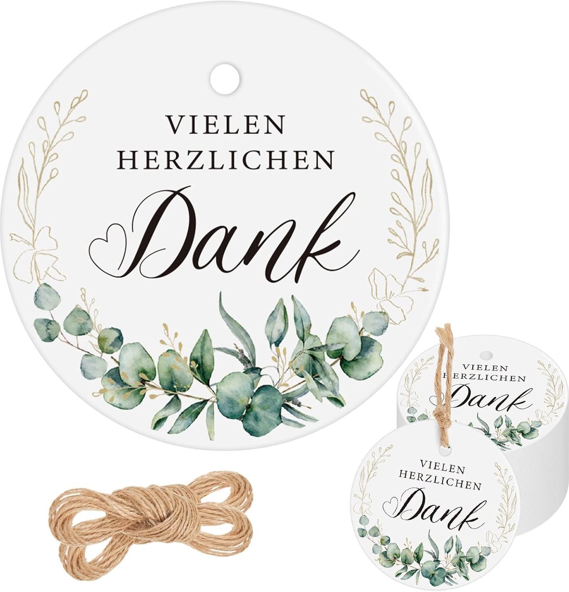 SnelShoppen - 100x Bedanklabels Hartvormig Ronde Cadeau Tags 5cm met Touw voor Bruiloft, Kerst, Babyshower, Verjaardag, DIY, Groen Blad Motief
