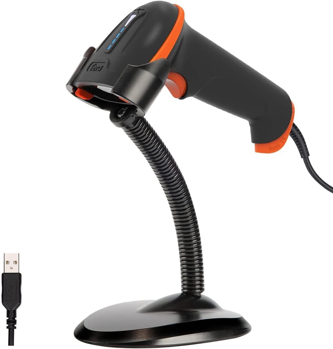 SnelShoppen - Barcode Scanner 1D Laser USB Wired Hand Scanner met Houder - Snelle Scans tot 300/sec, Plug & Play, Ideaal voor Kassa en Magazijn