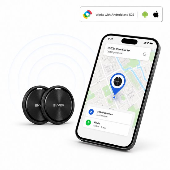 Twee zwarte Evy24 trackers naast een smartphone die de 'Evy24 Item Finder' app toont.
