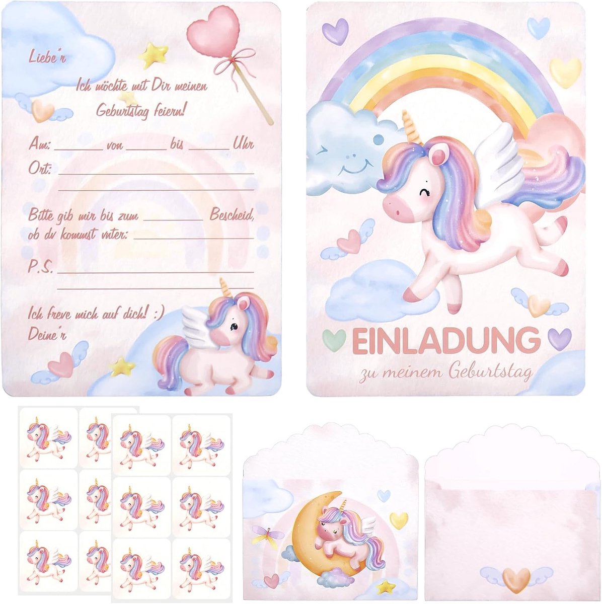 SnelShoppen - 12 Unicorn Uitnodigingskaarten voor Kinderfeestjes met Enveloppen en Stickers, Meisjes Verjaardag, Eenhoorn Thema, Verjaardagsuitnodigin