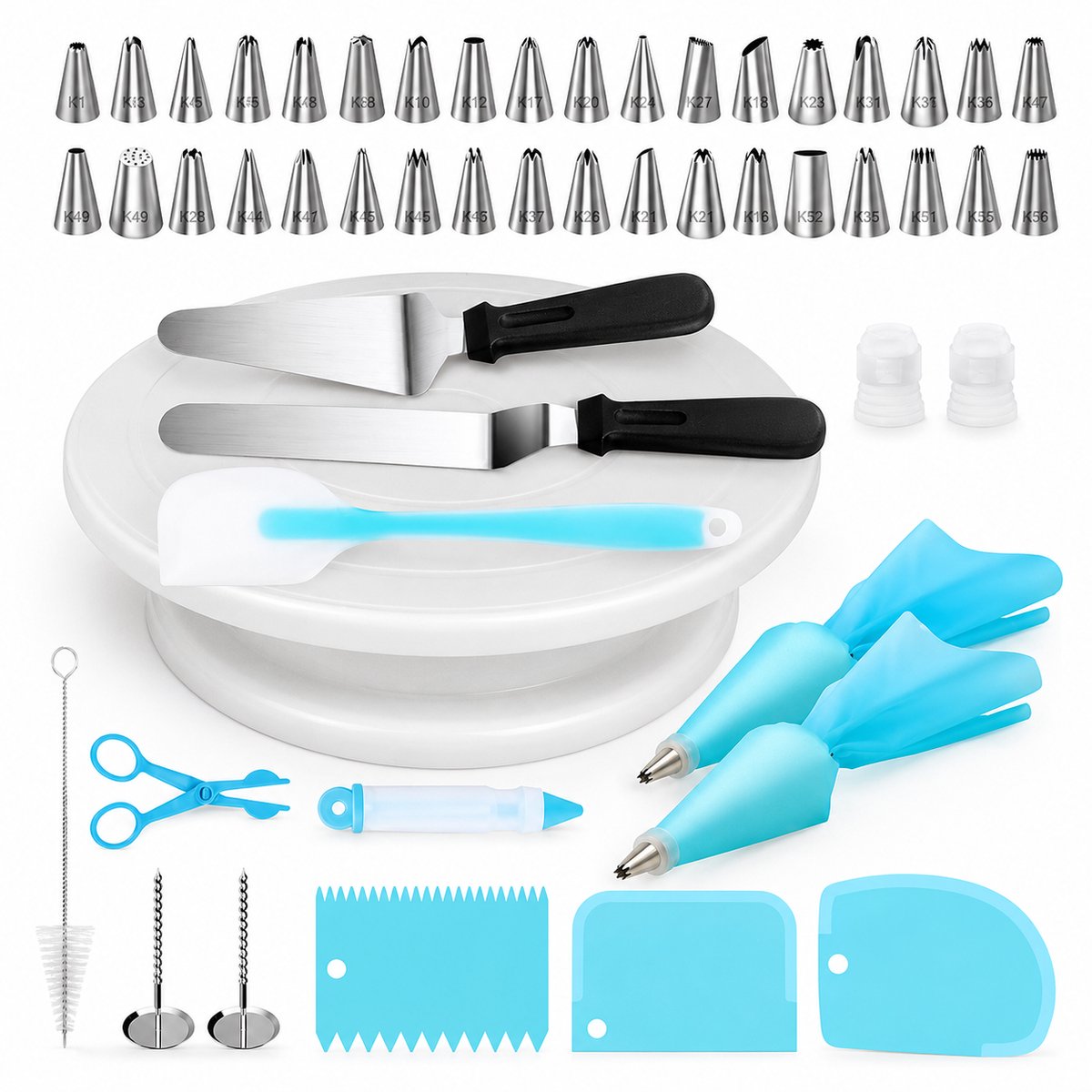 Taart Decoratie Set 52-Delig - Draaiplateau - Spuitzakken - Spuitmondjes - Taart Draaitafel - Cake Decorating Kit