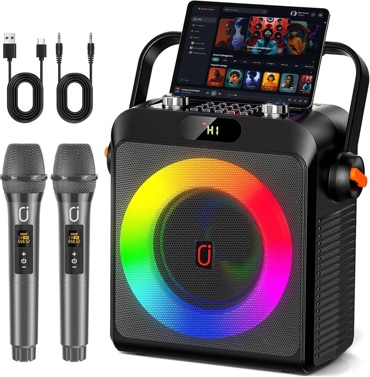 SnelShoppen - Karaoke Systeem met 2 Microfoons, Bluetooth Speakers, DJ Lichten, Draagbare PA Systeem voor Feesten, Kinderen en Buiten, 12 Uur Speeltij