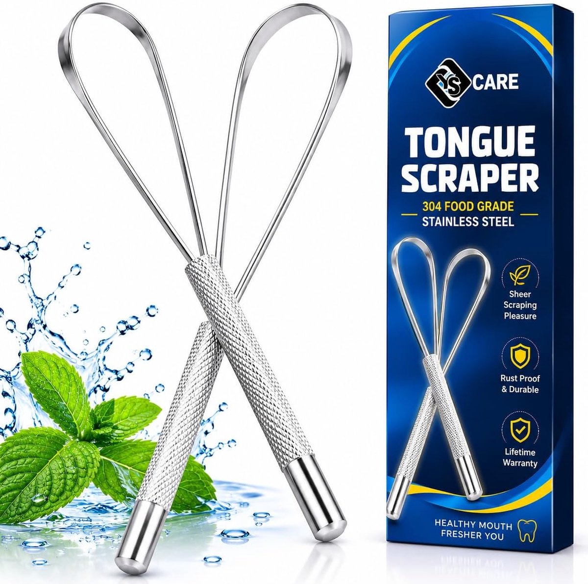 SnelShoppen - YSCARE Tongue Scraper, Tongue Cleaner voor Minder Slechte Adem, RVS Tongue Brush, Duurzaam en Makkelijk Schoon te Maken, 2 Stuks, Zilver