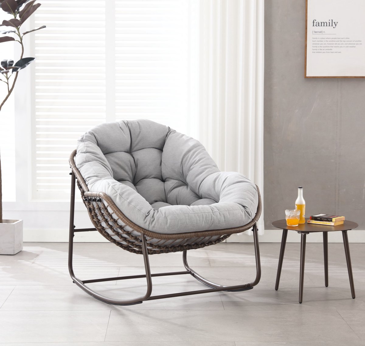 Intebiki fauteuil - schommelstoel tuin buiten - loungestoel - rotan tuinstoel - geschikt voor balkons, gangen, tuinen, achtertuinen en patio's - grijs