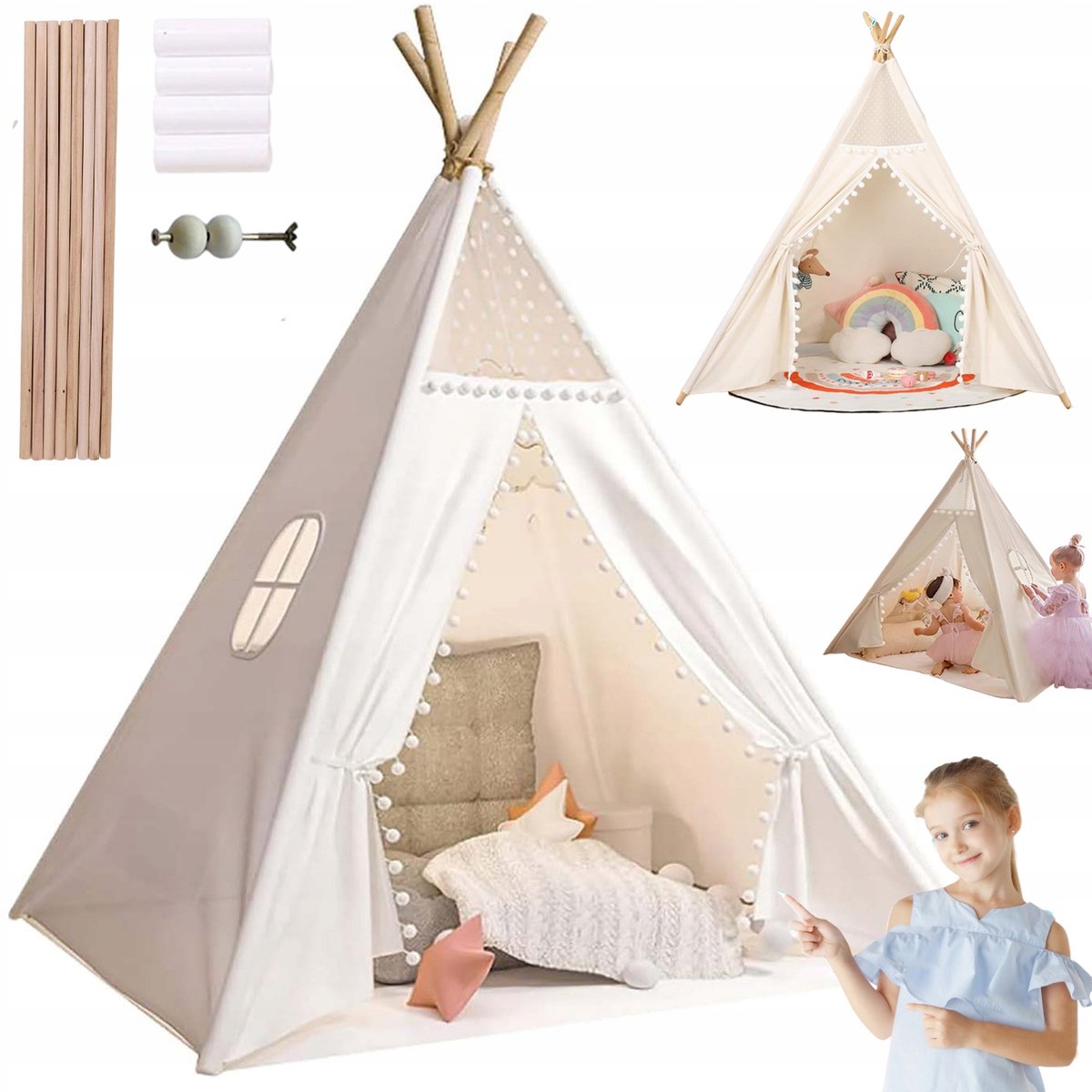 Speeltent - Tipi-tent van naturel katoen - wit - ademende stof - 130x120x160 cm - 2-3 personen - Kindertent - voor binnen en tuin
