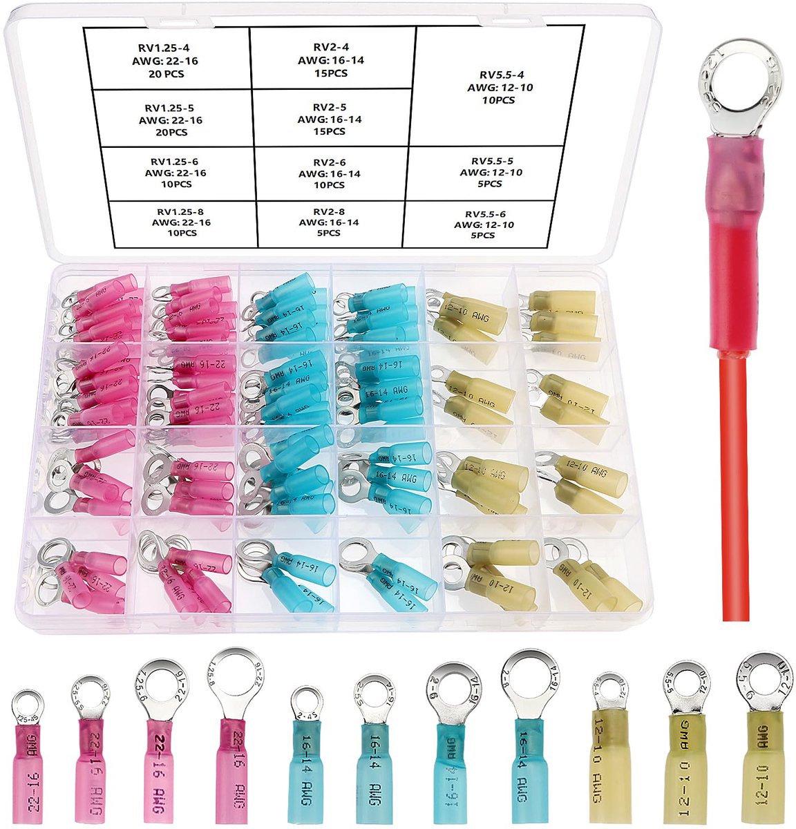 SnelShoppen - 125 Pcs Heat Shrink Connector Set - Elektrische Verbindingen, Crimp Ring Connectors, 22-10 AWG, Hoogwaardige Kwaliteit, Rood, Blauw, Gee