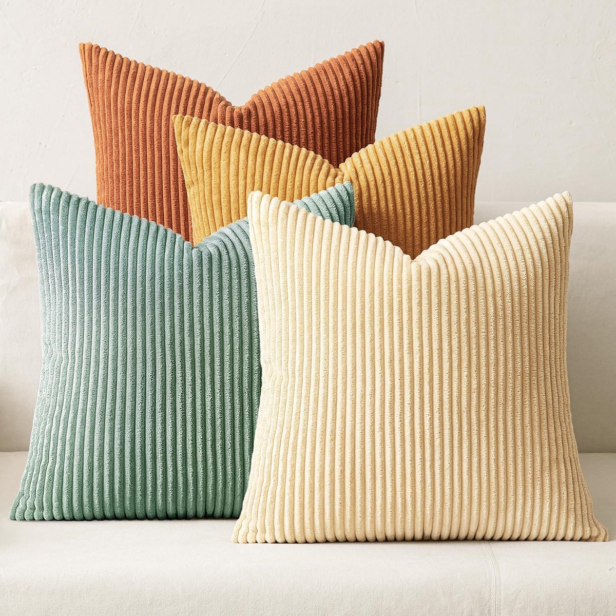 SnelShoppen - Set van 4 Corduroy Kussenhoezen 50x50 cm - Zacht en Decoratief - Gestreepte Kussens voor Woonkamer - Groen Geel - Perfect voor Bank en S