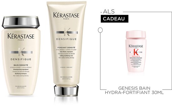Shampooing et après-shampooing Kérastase Densifique Bain Densité, avec un shampooing Kérastase Genesis Bain Hydra-Fortifiant offert.