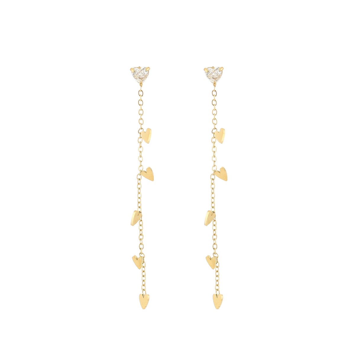 Stainless Steel Chain Oorbellen Goud – Elegante Hangoorbellen met Hartjes en Steentje - RVS - Goud