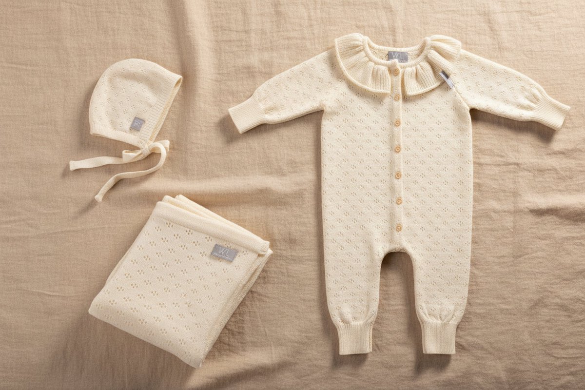Babygeschenkset van merino wol met bloemenprint - Deken, romper en mutsje - wit - 0-3 maanden