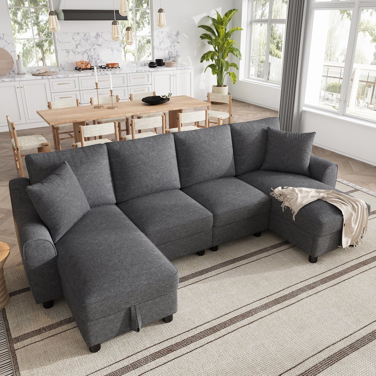 Banken - U-vormig 4-Zitsbanken met Chenille Bekleding, 2 Chaiselongues met Opbergruimte & 2 Kussens - 280x137x84 cm - Voor Woonkamer - Grijs