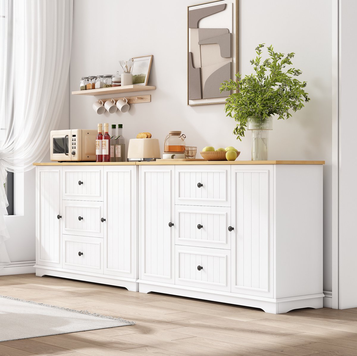 Wishdor - Dressoir - 3 lades en 2 deuren - Scandinavische opbergkast voor eetkamer en woonkamer - houtlook blad - wit - 126 x 40 x 86 cm