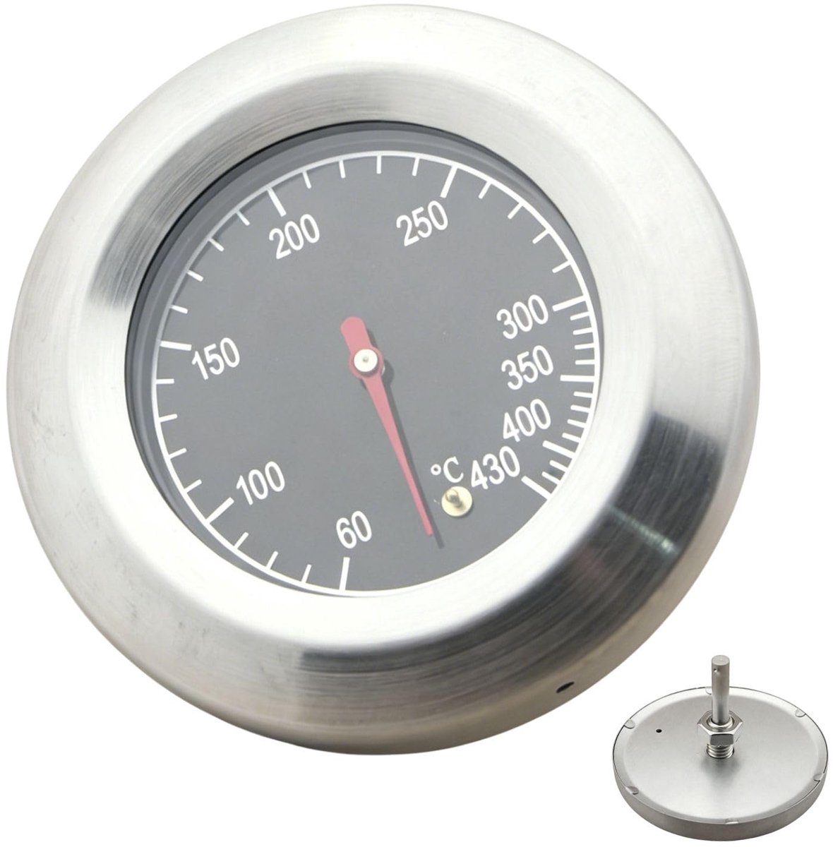 SnelShoppen - Roestvrij Staal Grillthermometer 60–430℃ / 100–800℉ - Barbecuethermometer voor Gasgrill, Houtskoolgrill, Smoker en Oven - Zilveren Roost