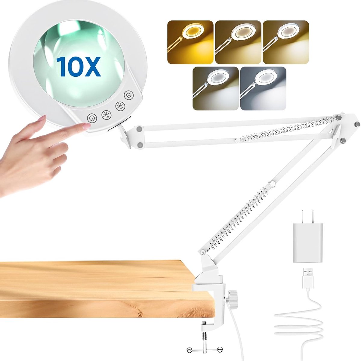 SnelShoppen - 10x Loep met Licht en Klem - Verlichte Loep van Echt Glas - 5 Kleurmodi - Traploos Dimbaar - Handsfree Bureaulamp voor Hobby's, Knutsele
