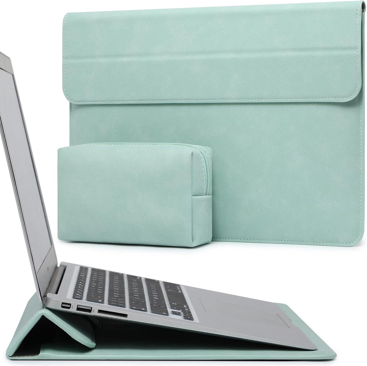 Thijox - Laptophoes 13,3-14 Inch met Standaard Functie voor MacBook Pro/Air, Surface Laptop, HP Spectre X360 - Mint Groen - Zachte Stof, Accessoire- e