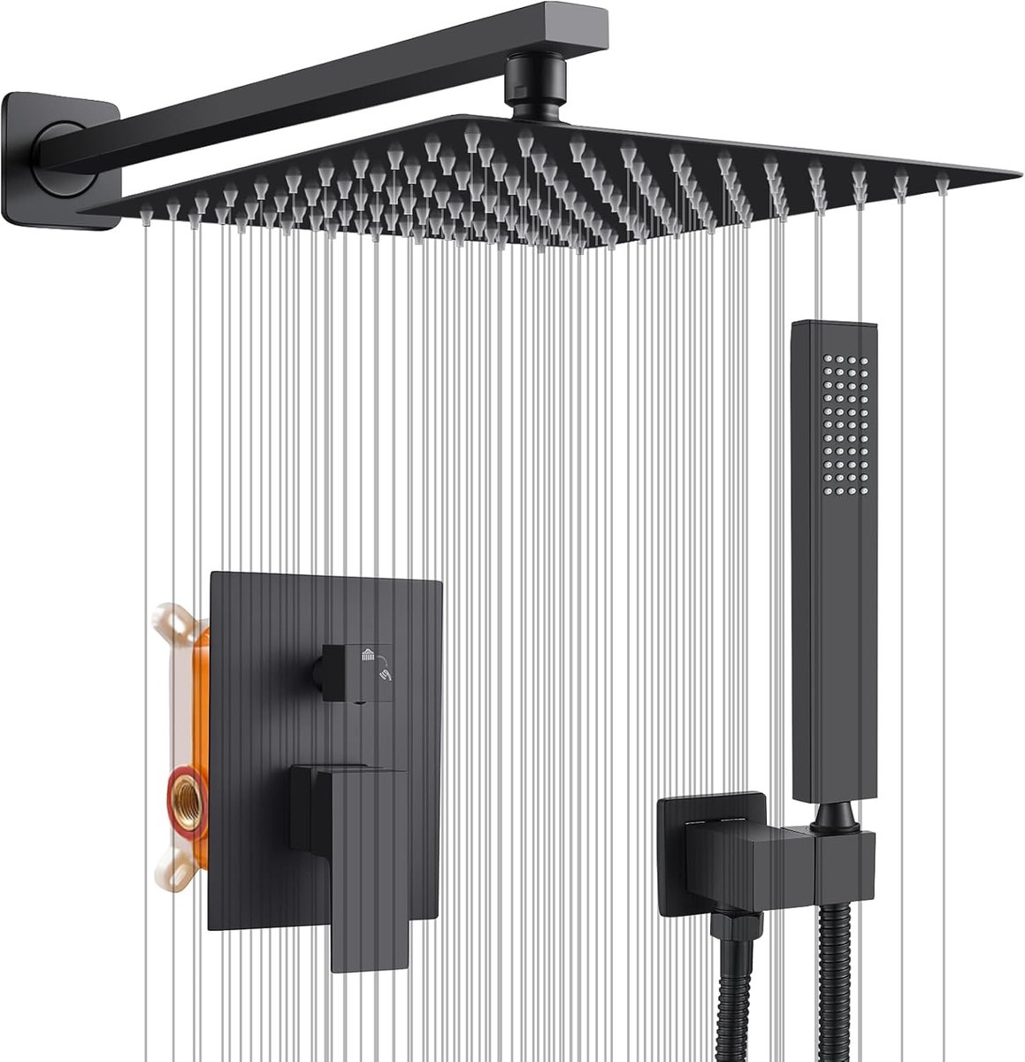 SnelShoppen - Inbouw Douchearmatuurset Zwart 10 Inch Regendouche met Handdouche, 25 x 25 cm Vierkant Douchesysteem, Hoogwaardige Anti-Verbranding, Com