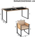 Afmetingen van een zwarte eettafel van 170x80x75cm met rotan rand en een beige stoel van 55x55x80cm.