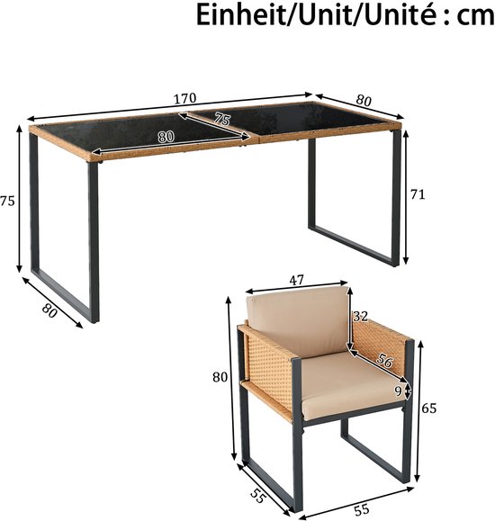 Afmetingen van een zwarte eettafel van 170x80x75cm met rotan rand en een beige stoel van 55x55x80cm.