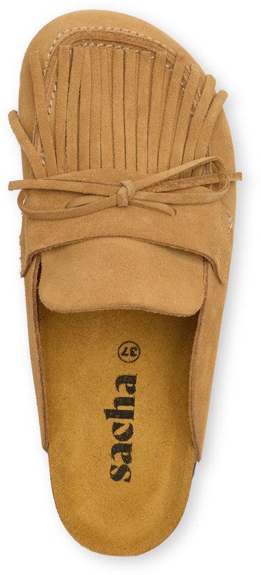 Sacha - Dames - Taupe suède clogs met franjes - Maat 37