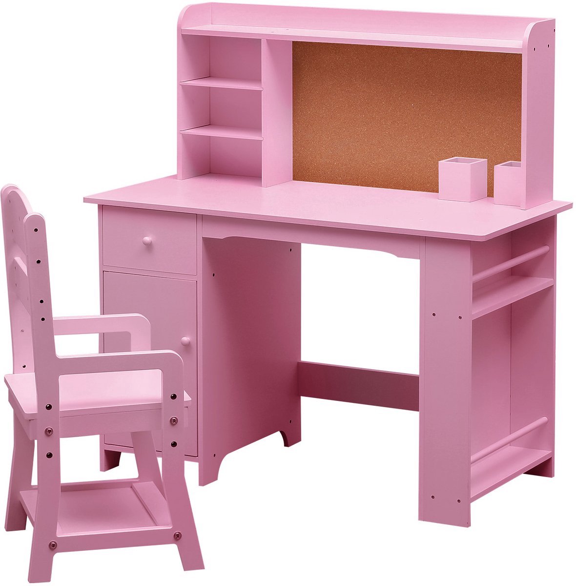 Complete Kinderbureau Set met Stoel, Inclusief Boekenplank en Lades - Roze - 96x41x100cm