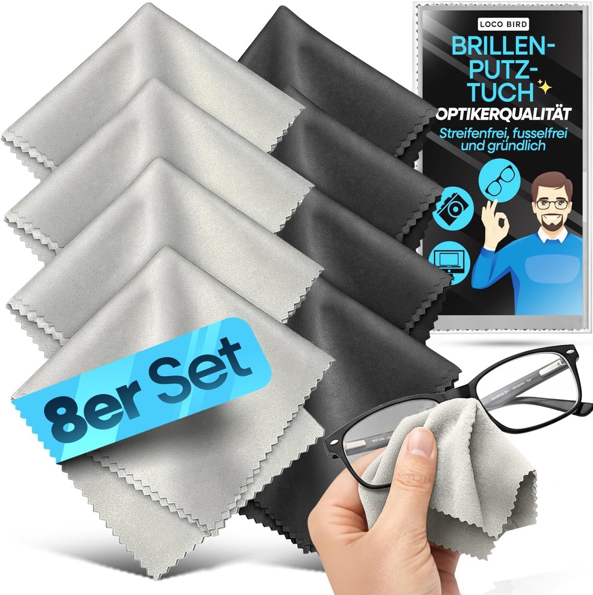 SnelShoppen - Set van 8 Microvezel Bril Poetsdoeken 17x15 cm - Grijze Schoonmaakdoeken voor Brillen, Smartphone & Display - Opticien Kwaliteit, Vinger