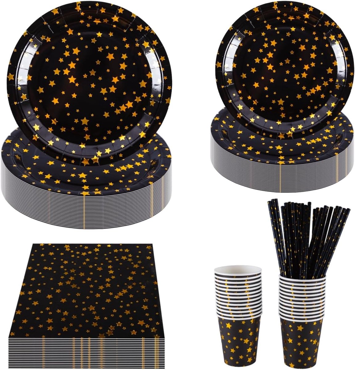 SnelShoppen - 125-delig zwart & goud sterren feestservies - 9" & 7" folie papieren borden, servetten, bekers & rietjes - voor kerst, verjaardag, bruil