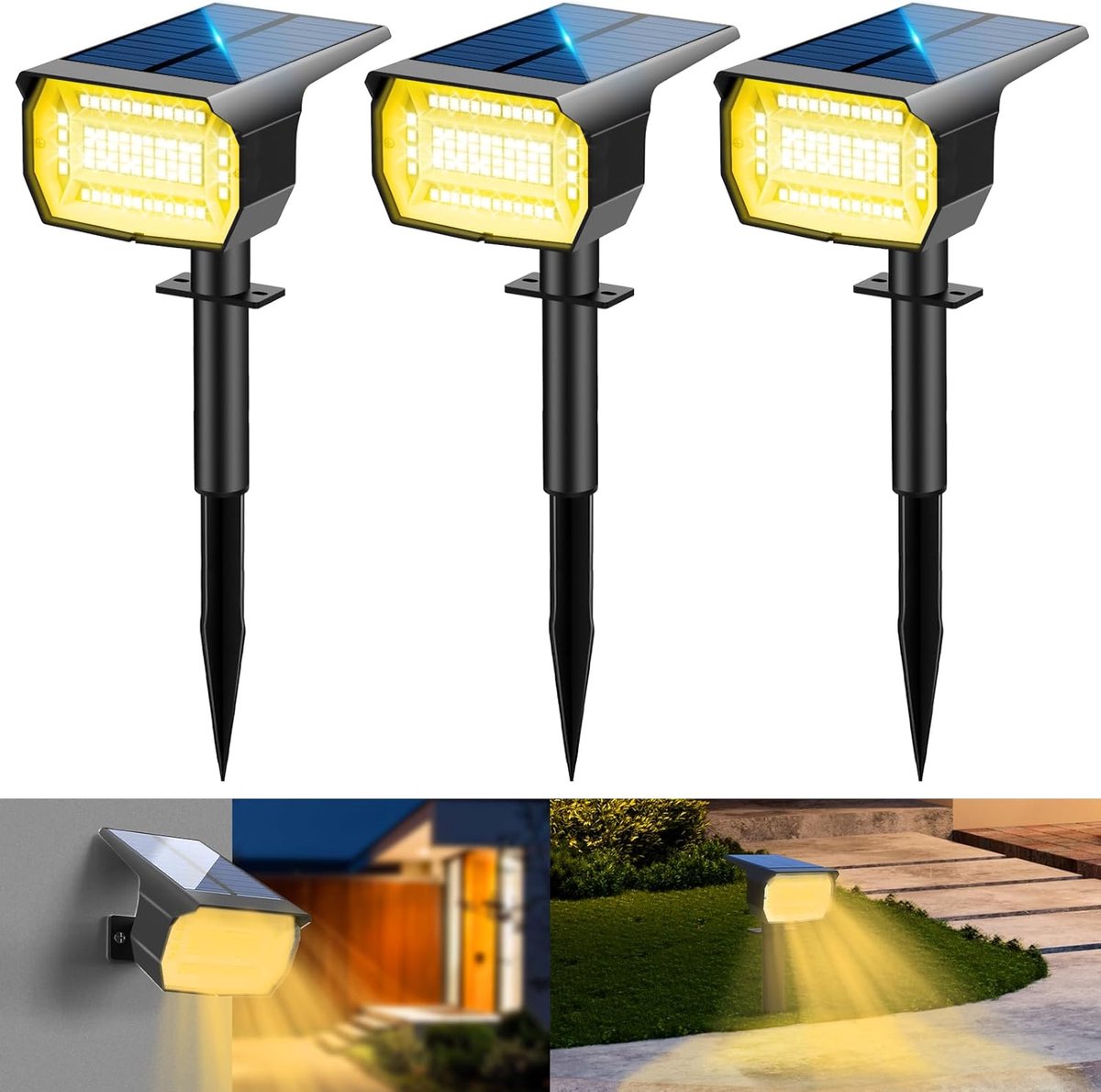 SnelShoppen - Outdoor Solar Spotlights 3 PCS - 72 LEDs, 3 Modes, IP67 Waterproof, 3000K Wandlampen voor Tuin, Patio, Oprit, Veranda, Fence