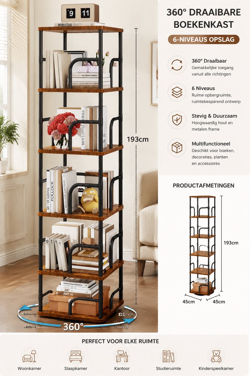 Roterende Boekenkast Met 6 Niveaus - 360° Draaibare Vrijstaande Boekentoren - Multifunctionele Houten Boekenplank Voor Kinderen, Slaapkamer En Woonkamer - Ruimtebesparend Opbergrek - Rustiek Bruin